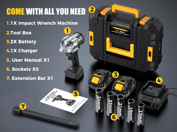 ZYNOX 1200NM (900FT-LBS) Cordless lmpact Wrench, For Automobiles, Trucks, 2x 4.0Ah Batteries, Fast Charger, 3000RPM, 5 Sockets & 1 Extension Bar