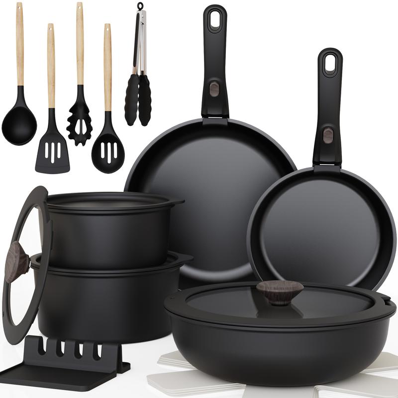 ZYNOX 20pcs Non-Stick Pots and Pans Set with Detachable Handle, Oven Safe, Stackable, Non-Stick RV Kitchen Cooking Set Modern Aluminum Dishwasher Safe