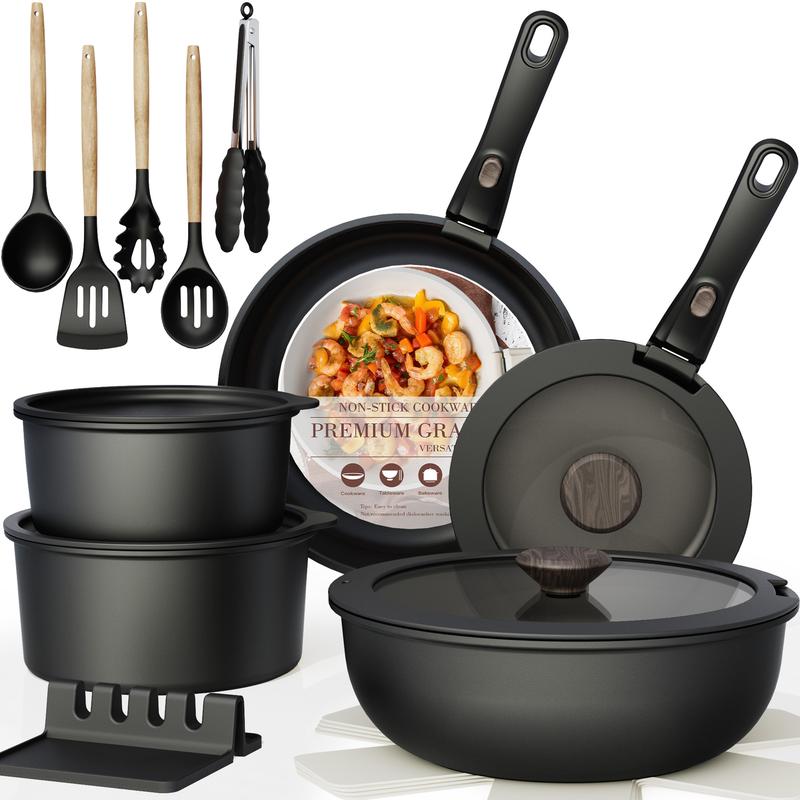 ZYNOX 20pcs Non-Stick Pots and Pans Set with Detachable Handle, Oven Safe, Stackable, Non-Stick RV Kitchen Cooking Set Modern Aluminum Dishwasher Safe