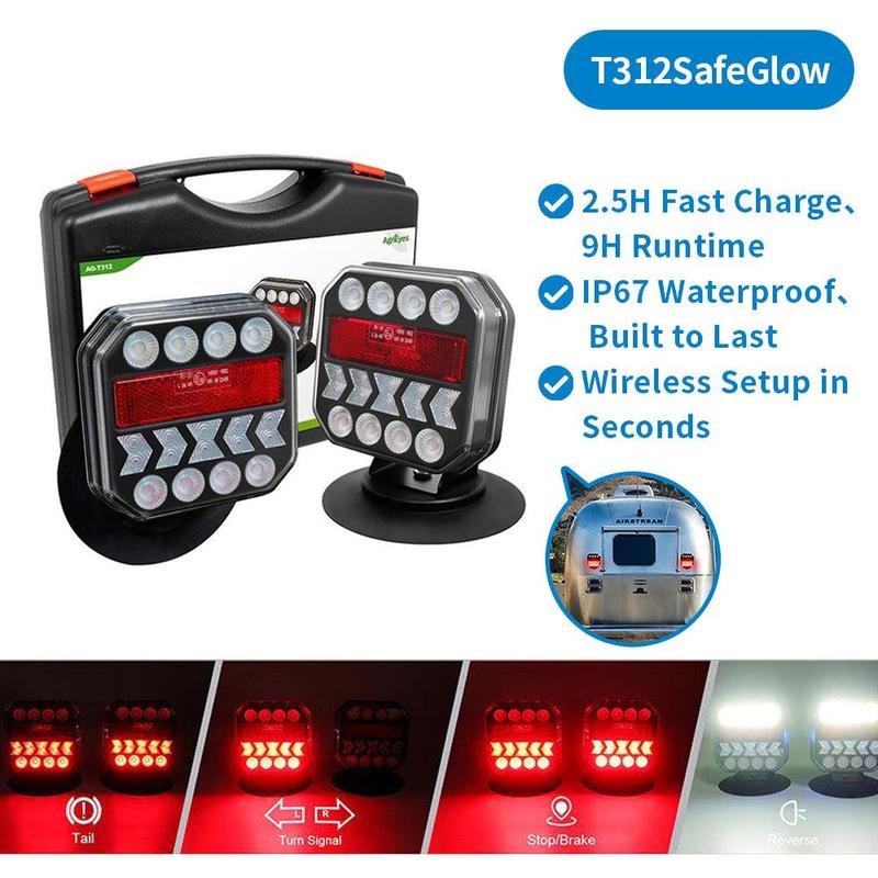 AgreEye T312|T033| T28|T212 Wireless Trailer Lights Kit – 2.5H Fast Charge, 9H Runtime, IP67 Waterproof, Magnetic Mount, LED Tow Lights
