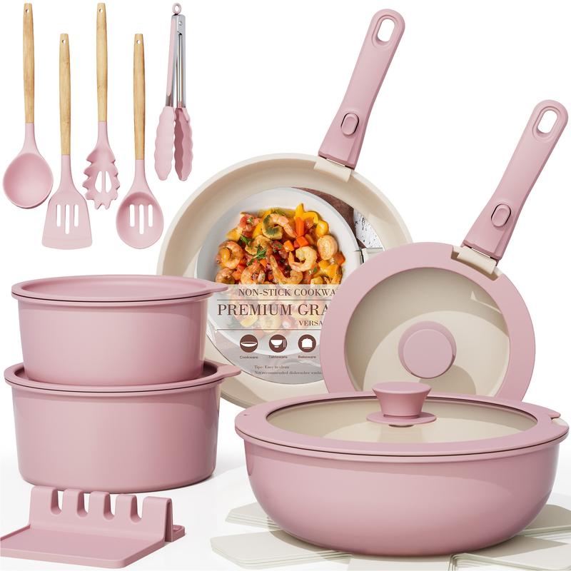 ZYNOX 20pcs Non-Stick Pots and Pans Set with Detachable Handle, Oven Safe, Stackable, Non-Stick RV Kitchen Cooking Set Modern Aluminum Dishwasher Safe