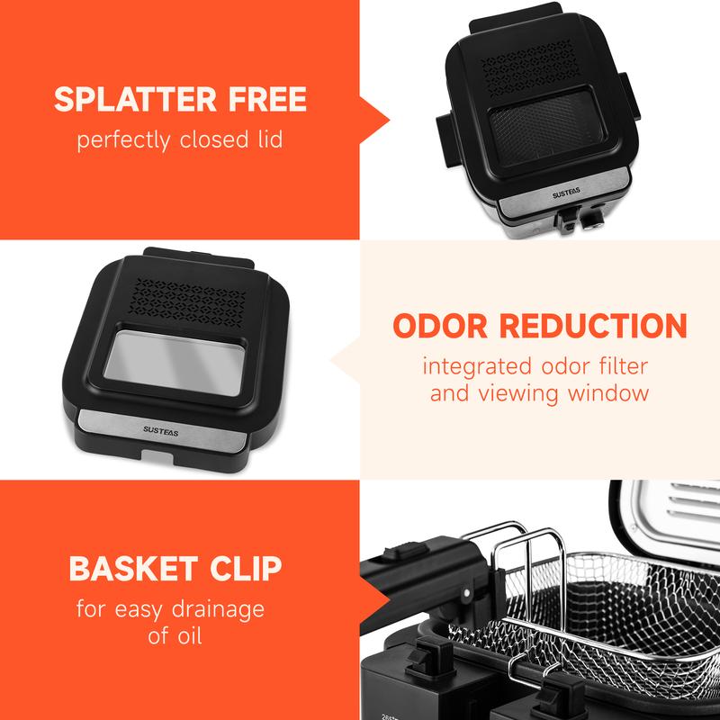 Deep Fryer with Basket, 1500W Electric Deep Fryer, Temperature Control, Removable Lid, 2.5L/1.5L Non-Stick Inner Pot, Easy to Clean Cooker Springtok Cooking Food