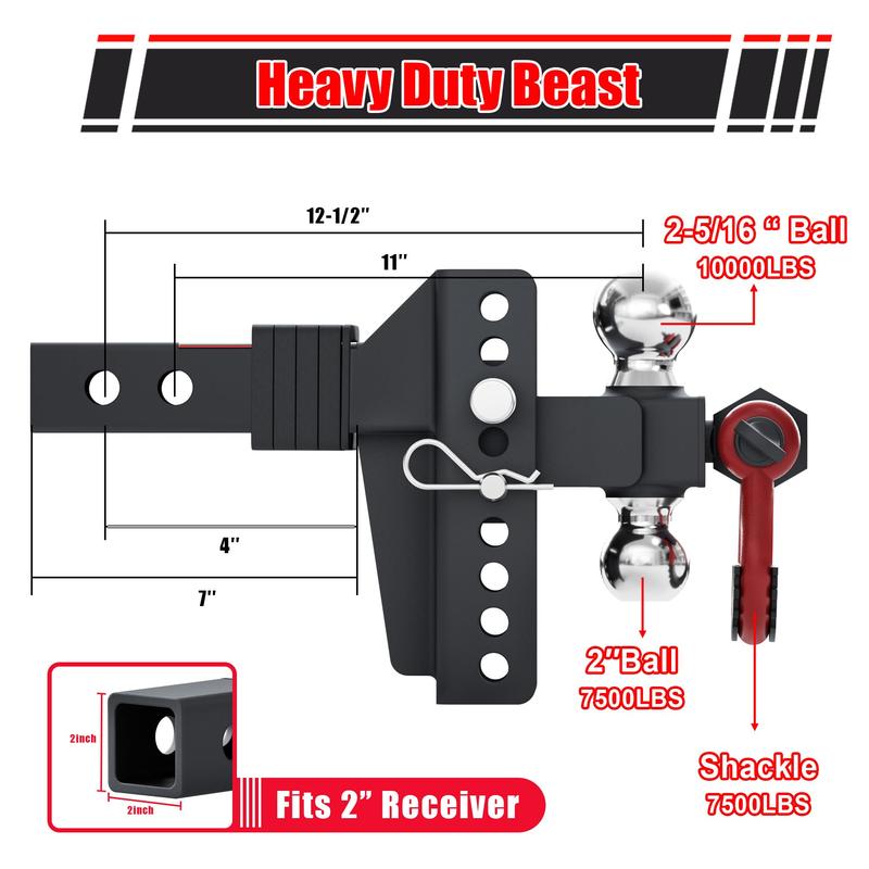 ZYNOX Adjustable Trailer Hitch Ball Mount with Lock&Pin&Rotatable Tow Shackle, Fits 2-in Receiver, 5" Rise/Drop, 2-in, 2-5/16-in Hitch Ball, 10000LBS GTW, Ultra Quiet