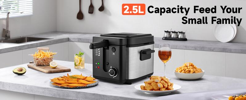 Deep Fryer with Basket, 1500W Electric Deep Fryer, Temperature Control, Removable Lid, 2.5L/1.5L Non-Stick Inner Pot, Easy to Clean Cooker Springtok Cooking Food