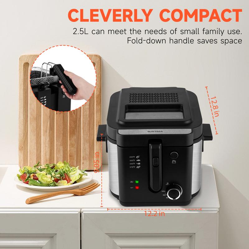 Deep Fryer with Basket, 1500W Electric Deep Fryer, Temperature Control, Removable Lid, 2.5L/1.5L Non-Stick Inner Pot, Easy to Clean Cooker Springtok Cooking Food