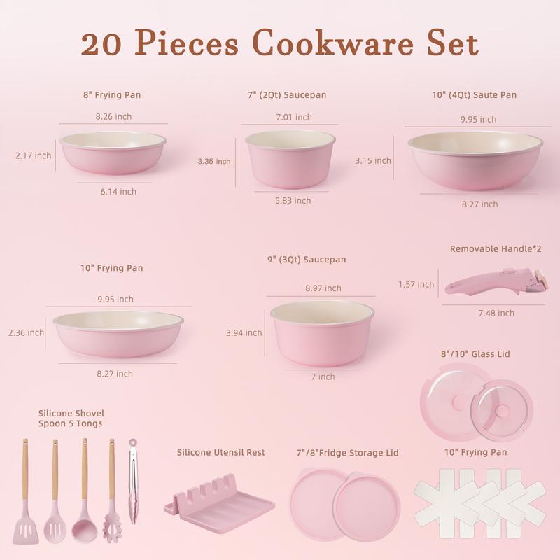 ZYNOX 20pcs Non-Stick Pots and Pans Set with Detachable Handle, Oven Safe, Stackable, Non-Stick RV Kitchen Cooking Set Modern Aluminum Dishwasher Safe