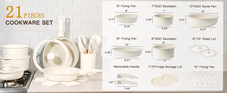 ZYNOX 20pcs Non-Stick Pots and Pans Set with Detachable Handle, Oven Safe, Stackable, Non-Stick RV Kitchen Cooking Set Modern Aluminum Dishwasher Safe