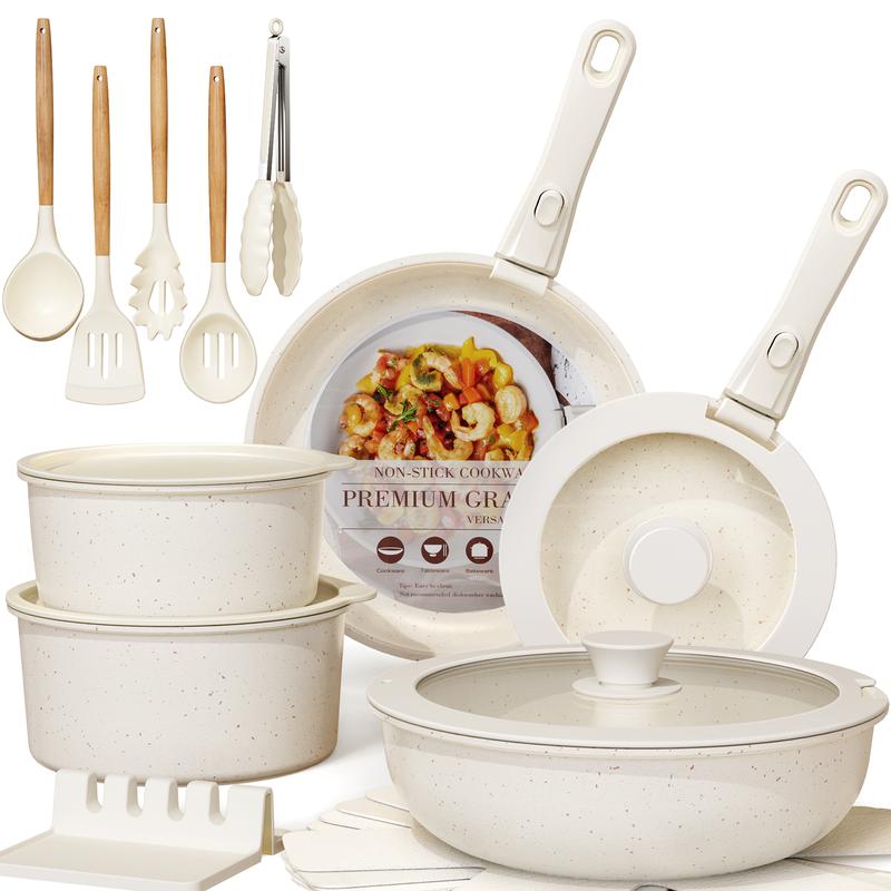 ZYNOX 20pcs Non-Stick Pots and Pans Set with Detachable Handle, Oven Safe, Stackable, Non-Stick RV Kitchen Cooking Set Modern Aluminum Dishwasher Safe
