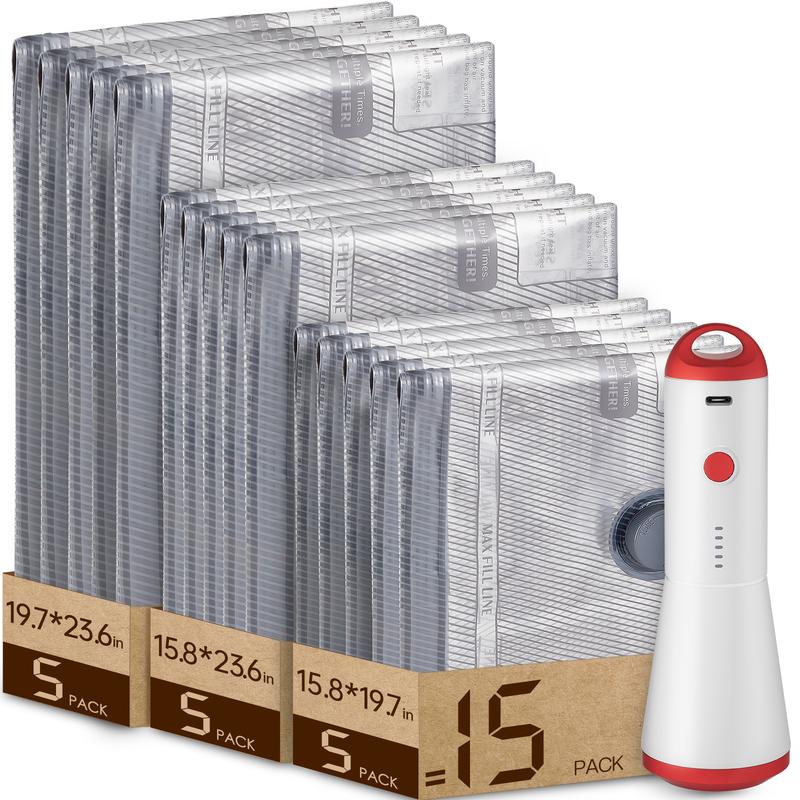 [2025 Upgraded]  Cordless Travel Vacuum Bag Set – 9/15-Pack Compression Bags for Carry-On Suitcases – 140L/Min Powerful Air Removal – USB Rechargeable Handheld Pump with Built-In Battery – Space Saver for Clothes & Packing