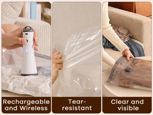 [2025 Upgraded]  Cordless Travel Vacuum Bag Set – 9/15-Pack Compression Bags for Carry-On Suitcases – 140L/Min Powerful Air Removal – USB Rechargeable Handheld Pump with Built-In Battery – Space Saver for Clothes & Packing