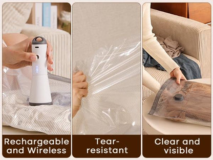 [2025 Upgraded]  Cordless Travel Vacuum Bag Set – 9/15-Pack Compression Bags for Carry-On Suitcases – 140L/Min Powerful Air Removal – USB Rechargeable Handheld Pump with Built-In Battery – Space Saver for Clothes & Packing