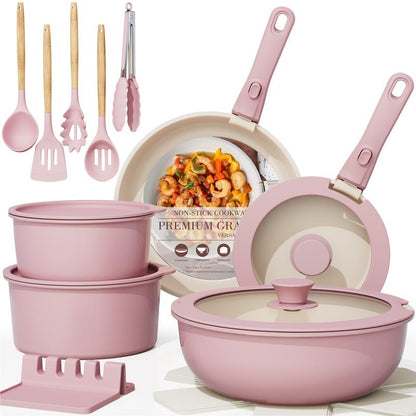 ZYNOX 20pcs Non-Stick Pots and Pans Set with Detachable Handle, Oven Safe, Stackable, Non-Stick RV Kitchen Cooking Set Modern Aluminum Dishwasher Safe
