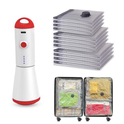 [2025 Upgraded]  Cordless Travel Vacuum Bag Set – 9/15-Pack Compression Bags for Carry-On Suitcases – 140L/Min Powerful Air Removal – USB Rechargeable Handheld Pump with Built-In Battery – Space Saver for Clothes & Packing