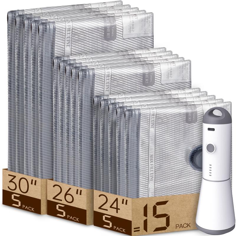 [2025 Upgraded]  Cordless Travel Vacuum Bag Set – 9/15-Pack Compression Bags for Carry-On Suitcases – 140L/Min Powerful Air Removal – USB Rechargeable Handheld Pump with Built-In Battery – Space Saver for Clothes & Packing