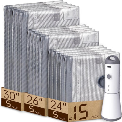 [2025 Upgraded]  Cordless Travel Vacuum Bag Set – 9/15-Pack Compression Bags for Carry-On Suitcases – 140L/Min Powerful Air Removal – USB Rechargeable Handheld Pump with Built-In Battery – Space Saver for Clothes & Packing