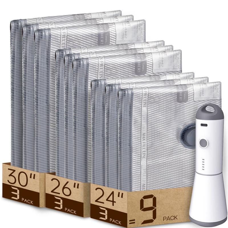 [2025 Upgraded]  Cordless Travel Vacuum Bag Set – 9/15-Pack Compression Bags for Carry-On Suitcases – 140L/Min Powerful Air Removal – USB Rechargeable Handheld Pump with Built-In Battery – Space Saver for Clothes & Packing