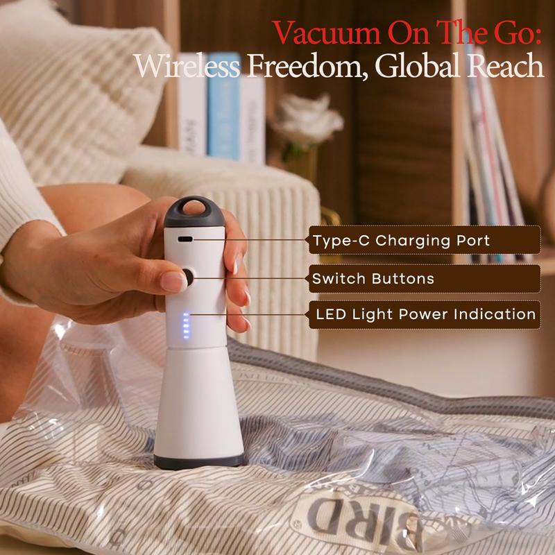 [2025 Upgraded]  Cordless Travel Vacuum Bag Set – 9/15-Pack Compression Bags for Carry-On Suitcases – 140L/Min Powerful Air Removal – USB Rechargeable Handheld Pump with Built-In Battery – Space Saver for Clothes & Packing