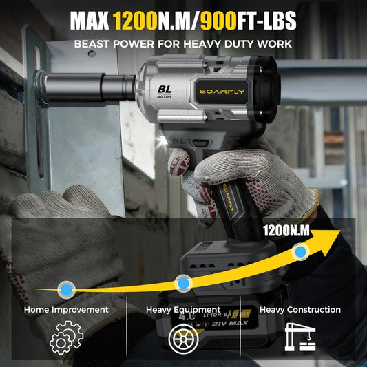 ZYNOX 1200NM (900FT-LBS) Cordless lmpact Wrench, For Automobiles, Trucks, 2x 4.0Ah Batteries, Fast Charger, 3000RPM, 5 Sockets & 1 Extension Bar