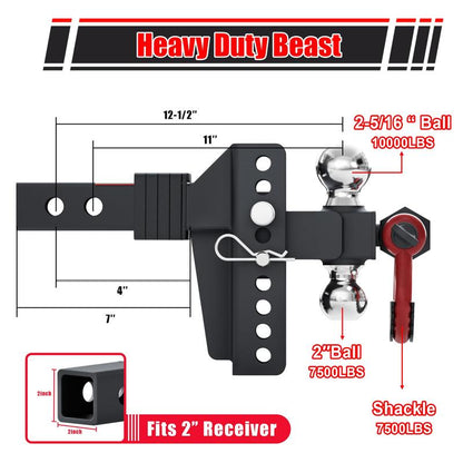 ZYNOX Adjustable Trailer Hitch Ball Mount with Lock&Pin&Rotatable Tow Shackle, Fits 2-in Receiver, 5" Rise/Drop, 2-in, 2-5/16-in Hitch Ball, 10000LBS GTW, Ultra Quiet
