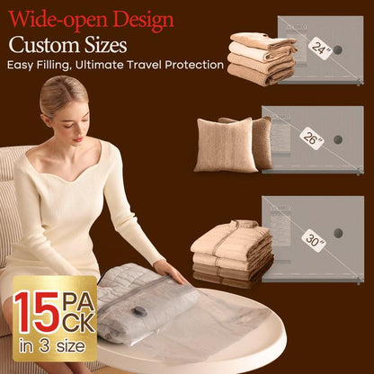 [2025 Upgraded]  Cordless Travel Vacuum Bag Set – 9/15-Pack Compression Bags for Carry-On Suitcases – 140L/Min Powerful Air Removal – USB Rechargeable Handheld Pump with Built-In Battery – Space Saver for Clothes & Packing